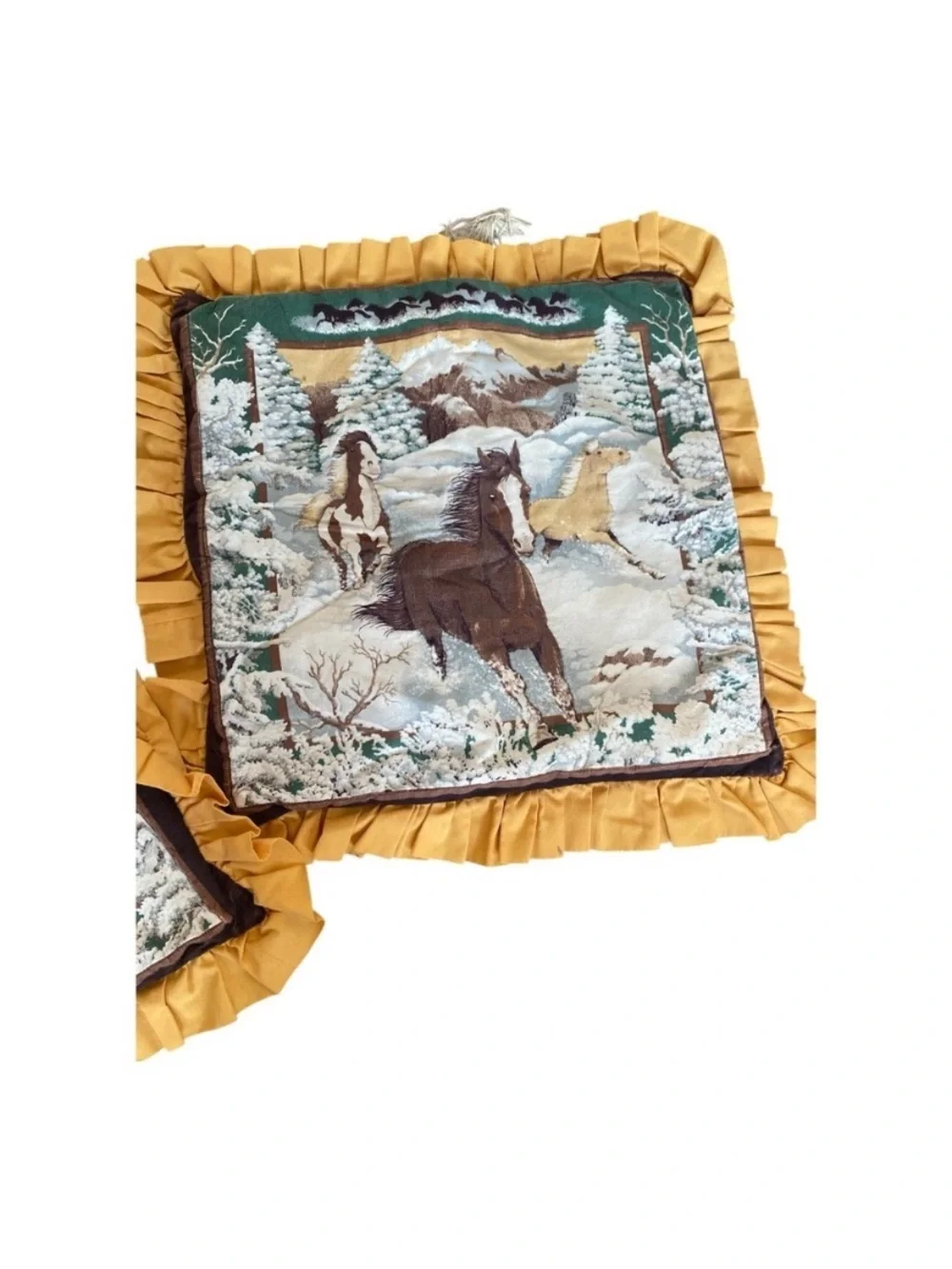 Vintage Equestrian Horse Pillow Covers Ruffle 80s/90s Winter Scene Set Of 2